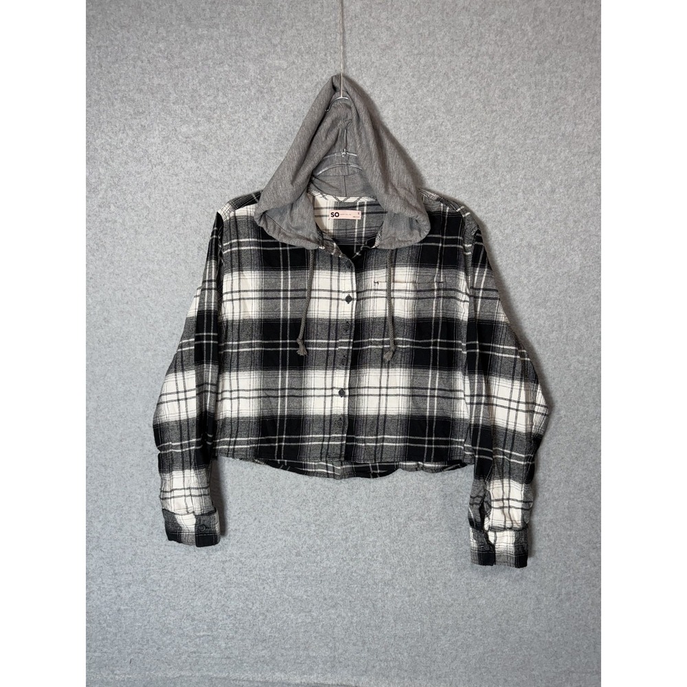 SO Flannel Shirt Womens Small‎ Black White Plaid Gray Hooded Button Crop Top